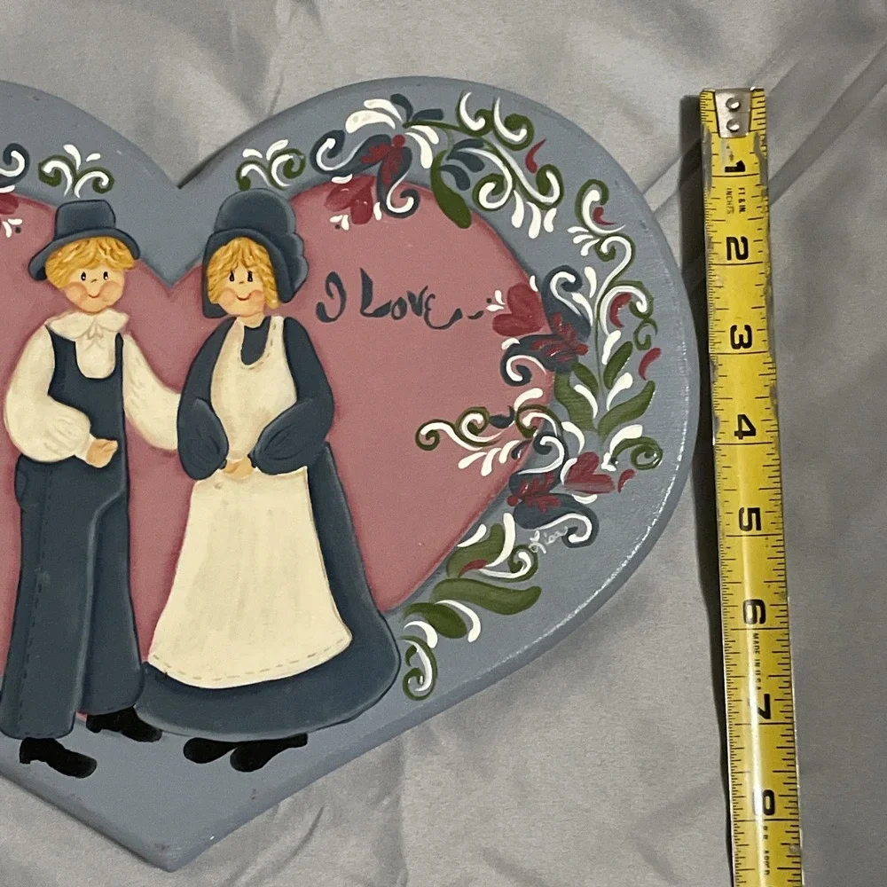 VTG Wooden Heart Shaped Hand‎ Painted Folk Art Wall Decor Cottage Farm